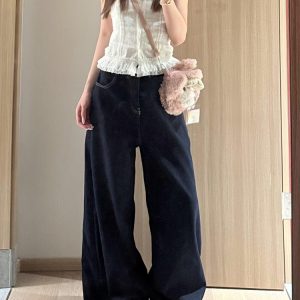 High-Waisted Deep Blue Wide-Leg Jeans for Women - Loose Draped American Style Summer Pants 2025