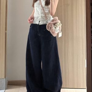 High-Waisted Deep Blue Wide-Leg Jeans for Women - Loose Draped American Style Summer Pants 2025