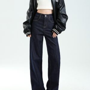 High-Waisted Denim Blue Wide-Leg Jeans for Women, Thick Fleece Lined, Winter Slim-Fit Loose Straight Pants