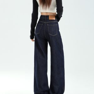 High-Waisted Denim Blue Wide-Leg Jeans for Women, Thick Fleece Lined, Winter Slim-Fit Loose Straight Pants