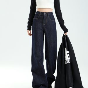 High-Waisted Denim Blue Wide-Leg Jeans for Women, Thick Fleece Lined, Winter Slim-Fit Loose Straight Pants