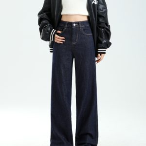 High-Waisted Denim Blue Wide-Leg Jeans for Women, Thick Fleece Lined, Winter Slim-Fit Loose Straight Pants