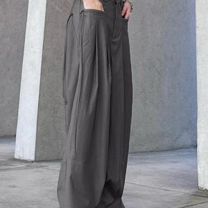 High-Waisted Draped Wide-Leg Pants for Tall Individuals - Minimalist Floor-Length Suit Pants with Pleats, Loose Casual Fit