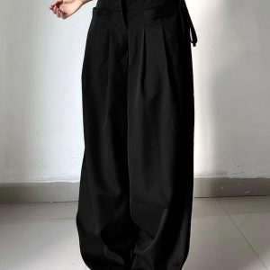 High-Waisted Draped Wide-Leg Pants for Tall Individuals - Minimalist Floor-Length Suit Pants with Pleats, Loose Casual Fit