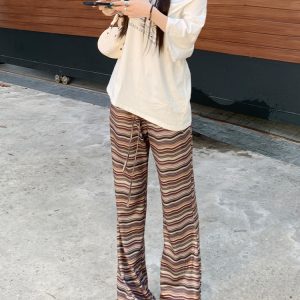 High-Waisted Drawstring Flared Pants for Women - American Style Bell-Bottoms, Casual Spring/Summer 2025, Floor-Length Trousers