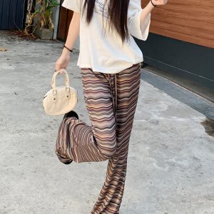 High-Waisted Drawstring Flared Pants for Women - American Style Bell-Bottoms, Casual Spring/Summer 2025, Floor-Length Trousers