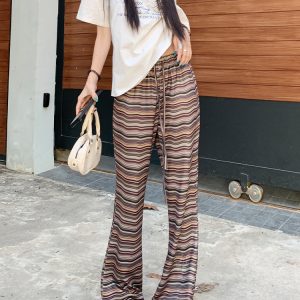 High-Waisted Drawstring Flared Pants for Women - American Style Bell-Bottoms, Casual Spring/Summer 2025, Floor-Length Trousers