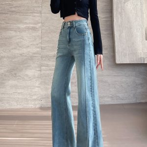 High-Waisted Flared Jeans for Women, Loose Fit Bell-Bottoms in American Style, Petite Sizes, Spring Autumn Fashion 2025