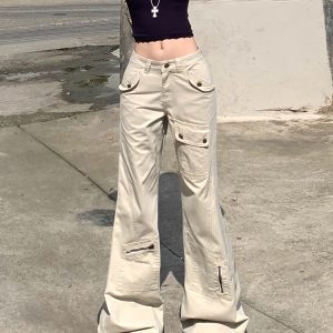 High-Waisted Flared Workwear Jeans for Women with Pockets - Straight-Leg Floor-Length Pants for Autumn/Winter 2024 Fashion