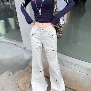 High-Waisted Flared Workwear Jeans for Women with Pockets - Straight-Leg Floor-Length Pants for Autumn/Winter 2024 Fashion