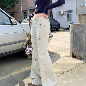High-Waisted Flared Workwear Jeans for Women with Pockets - Straight-Leg Floor-Length Pants for Autumn/Winter 2024 Fashion