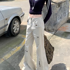 High-Waisted Flared Workwear Jeans for Women with Pockets - Straight-Leg Floor-Length Pants for Autumn/Winter 2024 Fashion