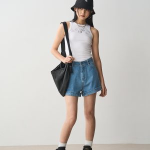 High-Waisted Flat Denim Shorts for Women - Versatile Slimming Casual Summer Style 2024
