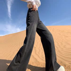 High-Waisted Fleece-Lined Black Gray Flared Wide-Leg Jeans for Women - 2024 Autumn Winter Bell-Bottom Pants