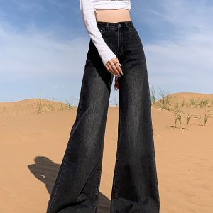 High-Waisted Fleece-Lined Black Gray Flared Wide-Leg Jeans for Women - 2024 Autumn Winter Bell-Bottom Pants