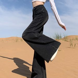 High-Waisted Fleece-Lined Black Gray Flared Wide-Leg Jeans for Women - 2024 Autumn Winter Bell-Bottom Pants