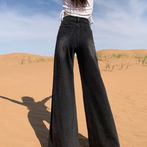 High-Waisted Fleece-Lined Black Gray Flared Wide-Leg Jeans for Women - 2024 Autumn Winter Bell-Bottom Pants