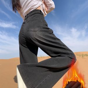 High-Waisted Fleece-Lined Black Gray Flared Wide-Leg Jeans for Women - 2024 Autumn Winter Bell-Bottom Pants