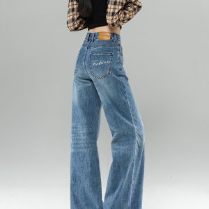 High-Waisted Fleece-Lined Flared Jeans for Women, Retro Loose-Fitting Wide-Leg Pants, Cat Whisker Design, Autumn Winter Fashion