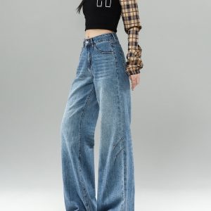 High-Waisted Fleece-Lined Flared Jeans for Women, Retro Loose-Fitting Wide-Leg Pants, Cat Whisker Design, Autumn Winter Fashion