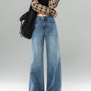 High-Waisted Fleece-Lined Flared Jeans for Women, Retro Loose-Fitting Wide-Leg Pants, Cat Whisker Design, Autumn Winter Fashion