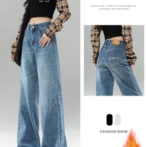 High-Waisted Fleece-Lined Flared Jeans for Women, Retro Loose-Fitting Wide-Leg Pants, Cat Whisker Design, Autumn Winter Fashion