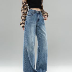 High-Waisted Fleece-Lined Flared Jeans for Women, Retro Loose-Fitting Wide-Leg Pants, Cat Whisker Design, Autumn Winter Fashion