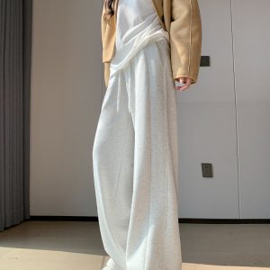 High-Waisted Fleece-Lined White Gray Sports Pants for Women, Loose Fit Wide-Leg Sweatpants for Autumn Winter 2024, Petite Spliced Design