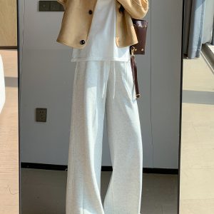 High-Waisted Fleece-Lined White Gray Sports Pants for Women, Loose Fit Wide-Leg Sweatpants for Autumn Winter 2024, Petite Spliced Design