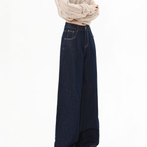 High-Waisted Fleece-Lined Wide-Leg Jeans for Women - Dark Blue, Loose-Fitting, Slimming Straight-Leg Pants for Autumn Winter 2024