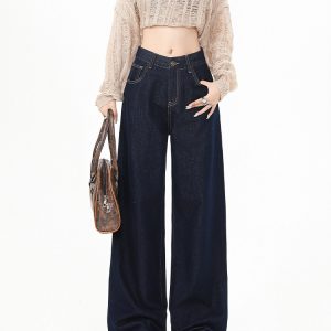 High-Waisted Fleece-Lined Wide-Leg Jeans for Women - Dark Blue, Loose-Fitting, Slimming Straight-Leg Pants for Autumn Winter 2024