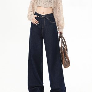 High-Waisted Fleece-Lined Wide-Leg Jeans for Women - Dark Blue, Loose-Fitting, Slimming Straight-Leg Pants for Autumn Winter 2024