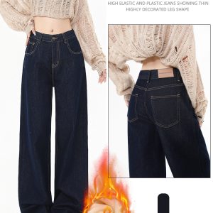 High-Waisted Fleece-Lined Wide-Leg Jeans for Women - Dark Blue, Loose-Fitting, Slimming Straight-Leg Pants for Autumn Winter 2024