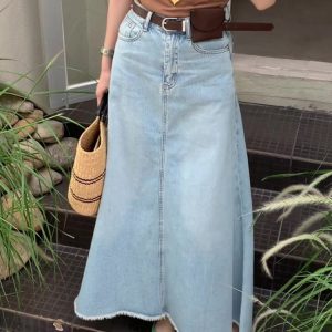 High-Waisted Frayed Denim Midi Skirt for Women - Summer 2025 A-Line Fishtail Design, Trendy Casual Style