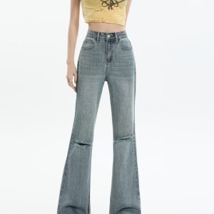 High-Waisted Frayed Hole Flared Jeans for Women - American Distressed Design, Slimming Effect, Spring Summer 2025 Fashion