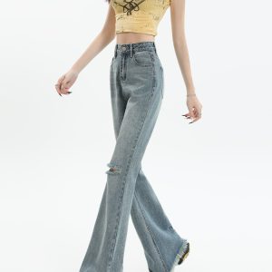 High-Waisted Frayed Hole Flared Jeans for Women - American Distressed Design, Slimming Effect, Spring Summer 2025 Fashion