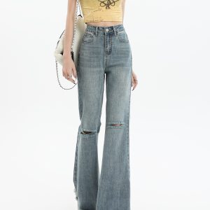 High-Waisted Frayed Hole Flared Jeans for Women - American Distressed Design, Slimming Effect, Spring Summer 2025 Fashion