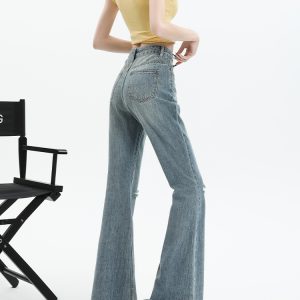 High-Waisted Frayed Hole Flared Jeans for Women - American Distressed Design, Slimming Effect, Spring Summer 2025 Fashion