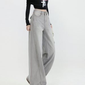 High-Waisted Gray Water-Washed Wide-Leg Jeans for Women, 2024 Autumn Winter Plush Patchwork Loose Fit Pants