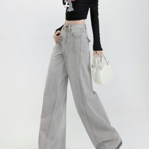 High-Waisted Gray Water-Washed Wide-Leg Jeans for Women, 2024 Autumn Winter Plush Patchwork Loose Fit Pants