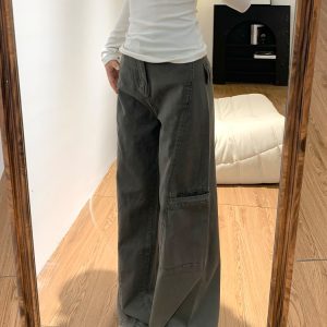 High-Waisted Gray Wide-Leg Denim Work Pants for Women - Summer Slimming Casual Straight-Leg Trousers, Versatile American Style