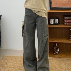 High-Waisted Gray Wide-Leg Denim Work Pants for Women - Summer Slimming Casual Straight-Leg Trousers, Versatile American Style