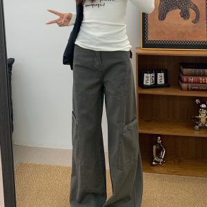 High-Waisted Gray Wide-Leg Denim Work Pants for Women - Summer Slimming Casual Straight-Leg Trousers, Versatile American Style
