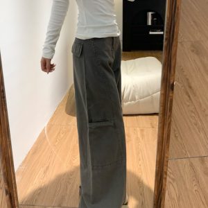 High-Waisted Gray Wide-Leg Denim Work Pants for Women - Summer Slimming Casual Straight-Leg Trousers, Versatile American Style