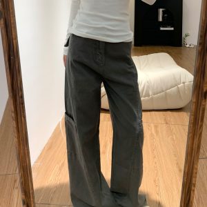 High-Waisted Gray Wide-Leg Denim Work Pants for Women - Summer Slimming Casual Straight-Leg Trousers, Versatile American Style