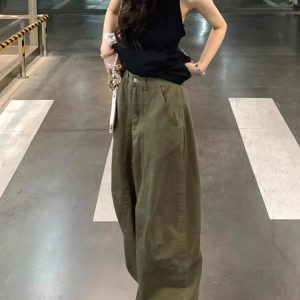 High-Waisted Green Deconstructed Curved Knife Jeans for Women – Summer Loose Wide-Leg Slim Straight Pants
