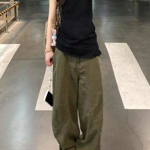 High-Waisted Green Deconstructed Curved Knife Jeans for Women – Summer Loose Wide-Leg Slim Straight Pants