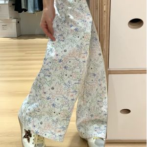 High-Waisted Japanese-Style Printed Graffiti Jeans for Women - Slim-Fit Wide-Leg Straight Pants for Spring 2025