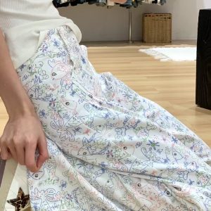 High-Waisted Japanese-Style Printed Graffiti Jeans for Women - Slim-Fit Wide-Leg Straight Pants for Spring 2025