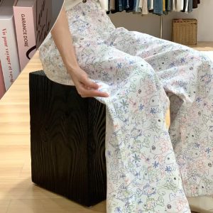 High-Waisted Japanese-Style Printed Graffiti Jeans for Women - Slim-Fit Wide-Leg Straight Pants for Spring 2025